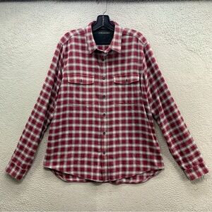 Theory Men’s XL Button Shirt Plaid Flannel Burgundy Red Gray Long Sleeve Cotton